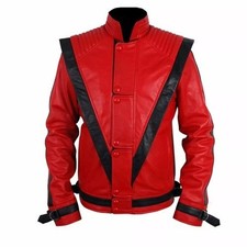 Giacca Uomo Thriller Michael Jackson Rossa Vera Pelle Biker Party Retrò