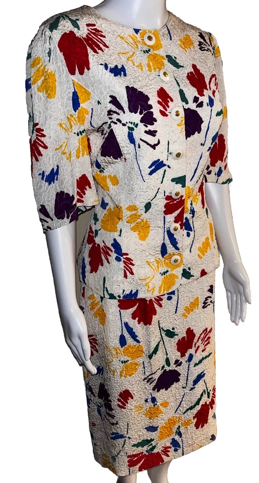 Vestido LOUIS FERAUD Estampado Floral Seda 2 Piezas Talla 14 Vintage Años 80’s Carrera Iglesia Traje Foto 2 de 4