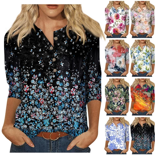 3/4 Length Sleeve Womens Tops Casual Loose Fit V-neck Shirts Floral Tunic Tops - Picture 2 of 51