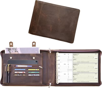 Personalized Leather Checkbook Portfolio - 7-Ring Zipper Binder for 600 Checks