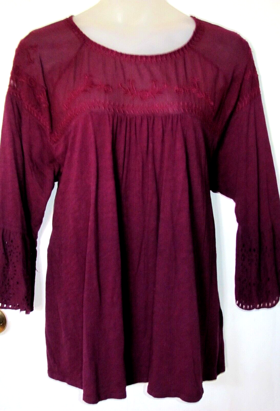Exc SONOMA Mesh w Floral Embroidery Yoke Eyelet Bell Sleeve Boho Top Blouse 3X