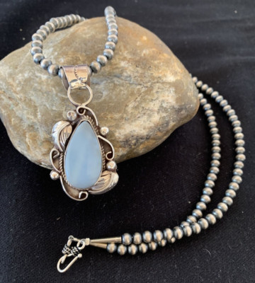Womens Blue Larimar Pendant Navajo Pearls Sterling Silver Necklace 1226