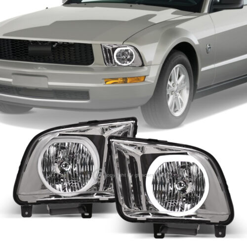 For 2005-2009 Ford Mustang Chrome Crystal Headlights w/DRL White LED Halo Rims - Picture 1 of 9
