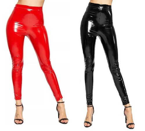 Donna Nero PU Vita Alta Skinny in vinile lucido Club Discoteca Leggings  Pantaloni Pants | eBay