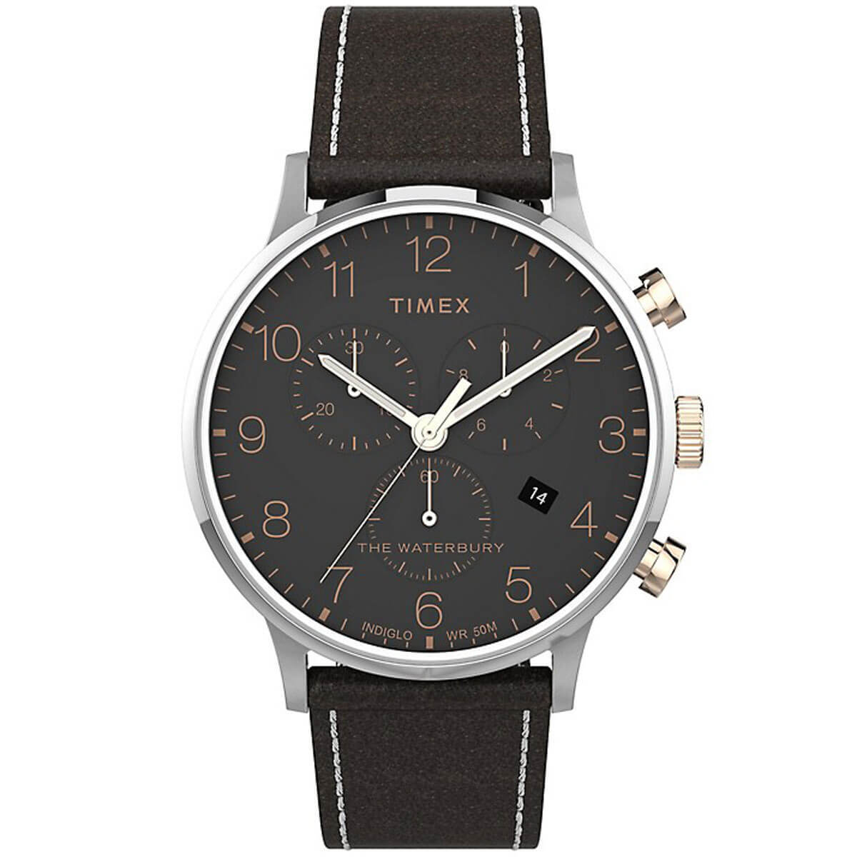 Timex Men's Watch Waterbury Chronograph Black Dial Leather Strap