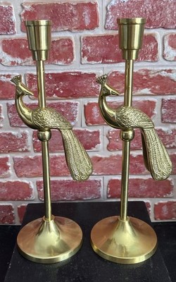 Einzigartiges Vintage Paar ungewöhnliche Pfau Messing Kerzenständer 11,5'' hoch