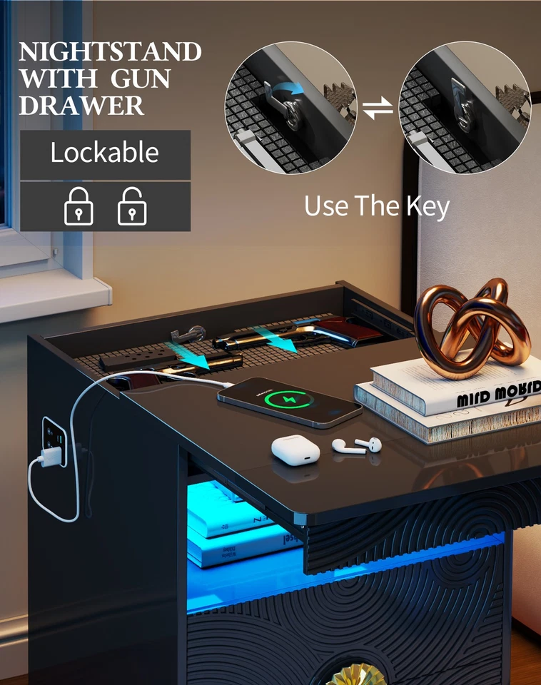 Mesita de Noche con Cajón para Pistola, Mesita de Noche Inteligente con Estación de Cargador y Luz LED Foto 3 de 4