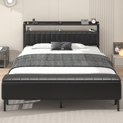 Full Size Bed Frame Upholstered with Starry Sky Light and Charging Station