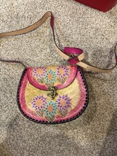 Mexican Artesanal Women's Bag PINK Multicolor. 100 Embroidered LEATHER 10  x8  