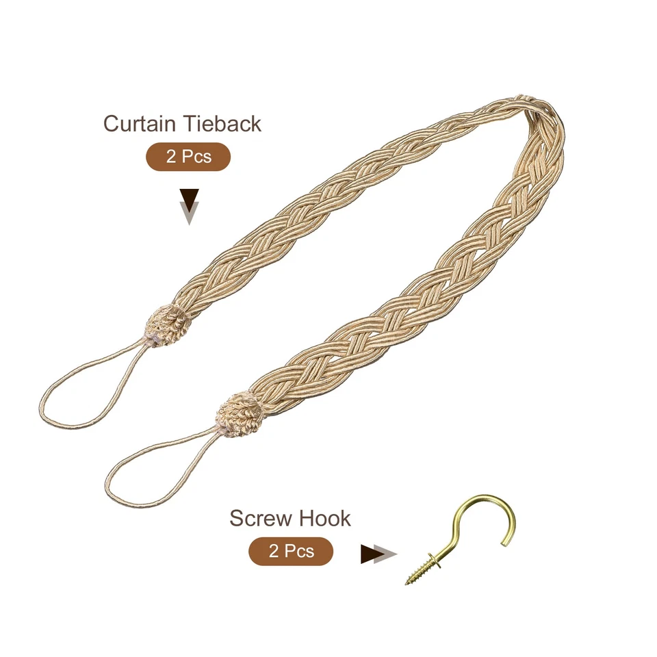 2 Piezas Corbatas Cortina 23" Trenza Cortina Soporte de Retención con Ganchos Taupe Foto 3 de 4