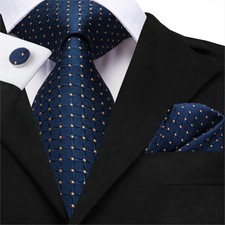 Business Tie for Men Silk Blue Tie Dots Necktie Set Plaid Cufflinks for Wedding