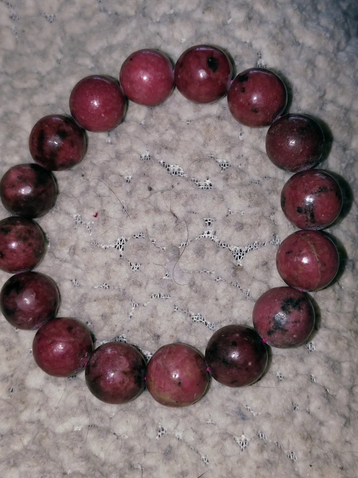 77g Natural Rhodonite Gemstone Bead Stretch Bracelet 10mm Pink Black Heavy - Image 2 of 4