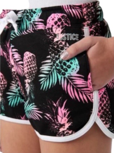 Justice Girls Dolphin Shorts Black Size 10 Cotton Colorful Tropical Pockets Logo - Picture 2 of 8