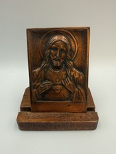 Vintage Metal Sacred Heart of Jesus Icon with Wood Stand