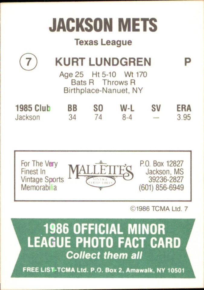 Kurt Lundgren 1986 TCMA Jackson Mets #7 RC Jackson Mets *AutographDen* - Image 2 of 2