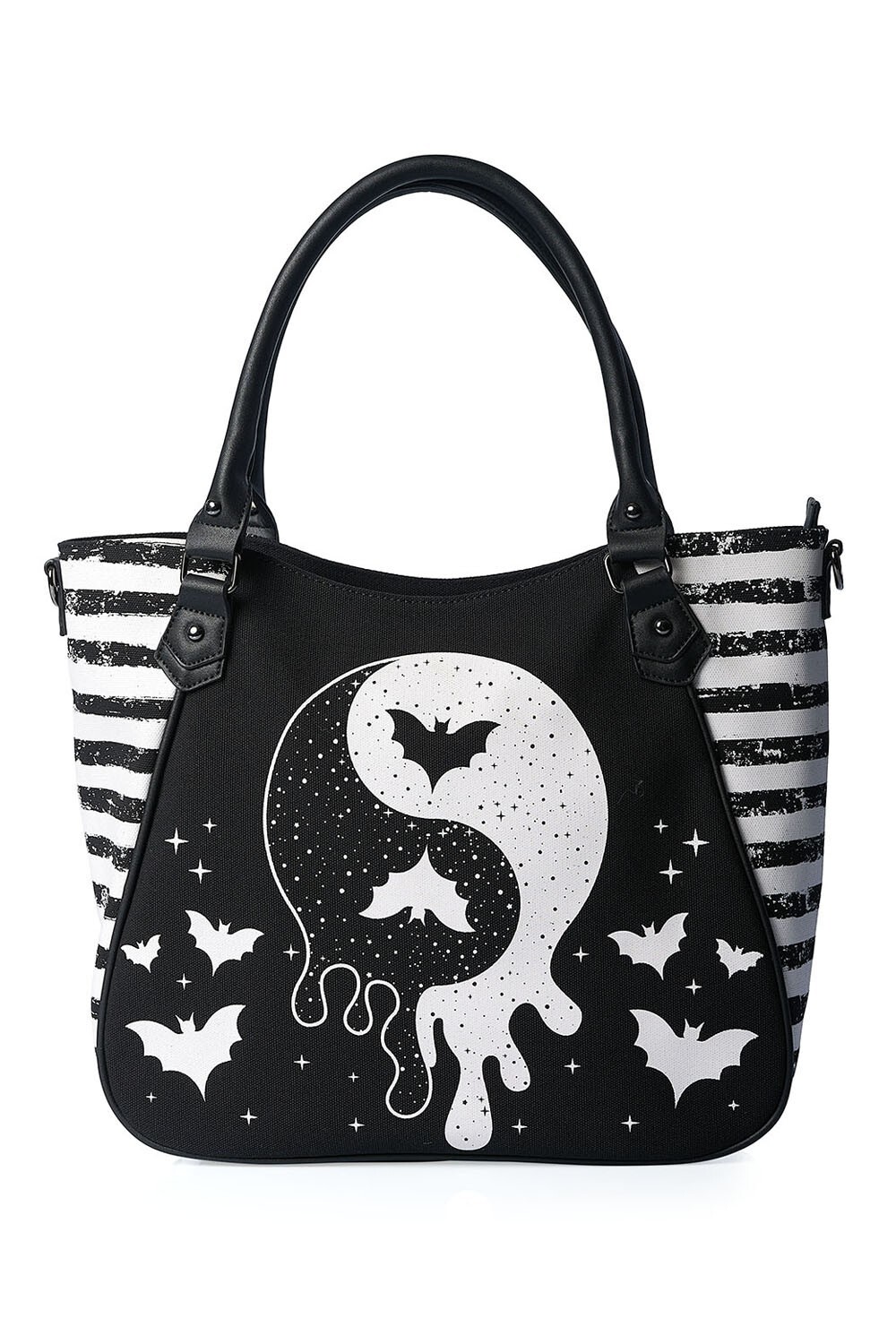 BANNED Apparel Black Gothic Punk Bats Stripes Yin Yang Master Tote Canvas Bag