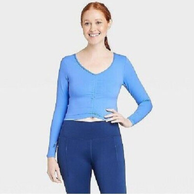 NEW! Women's Blue 2X Flex Shirred Cropped Long Sleeve Shirt Target All In Motion