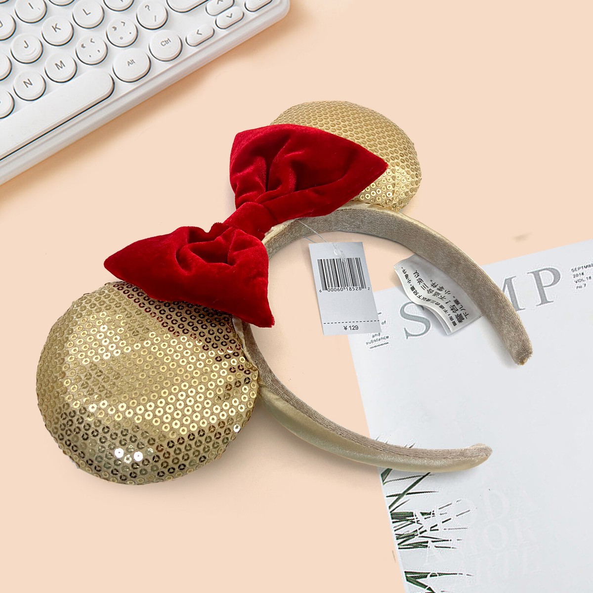Red Velvet Bow Gold Sequin Headband Disney- Park Party  display picture 1