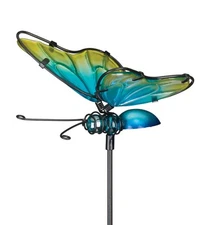 Blue Yellow Butterfly Glass Metal Plant Garden Stake NEW pot yard iridescent art