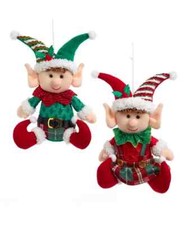 Kurt Adler Set/2 Fabric Boy Girl Elf Ornaments, 8" Tall, Cute Colorful NWT
