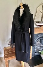 Ted Baker Corinna Black 100% Wool Faux Fur Collar Wrap Belted Coat Size 2 Uk10