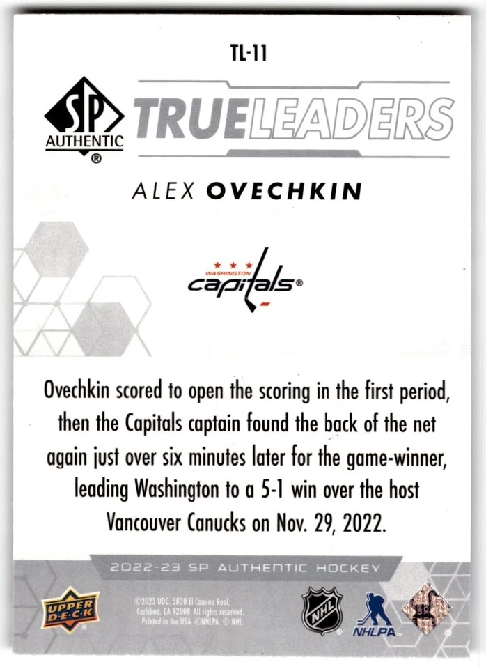 2022-23 SP Authentic True Leaders Alex Ovechkin #TL-11 Washington Capitals - Image 2 of 2