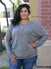 New PLUS SIZE Womens FUZZY GRAY ANIMAL LEOPARD TUNIC SWEATER SHIRT 1X 2X 3X USA