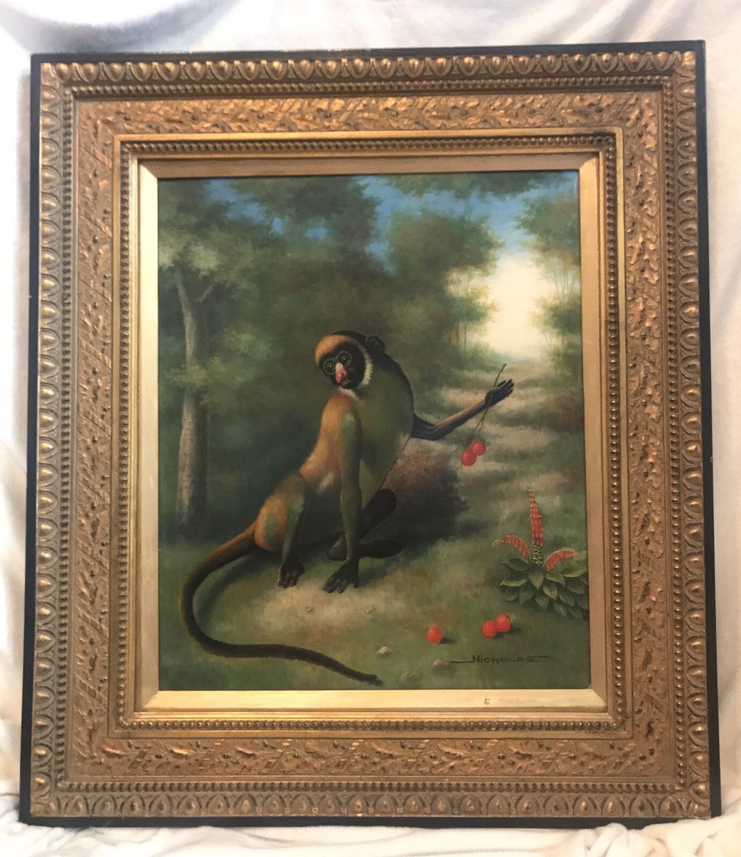 Vintage Oil Painting On Canvas, Signed, MONKEY IN FOREST, Gold
