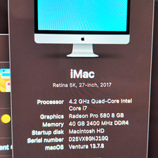 Apple iMac 27" Retina 5K 2017 i7 4.2GHz 40GB 512GB SSD Radeon Pro 580 8gb
