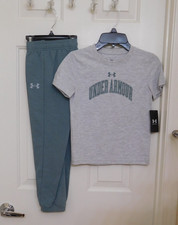 NWT 2pc Under Armour Gray Green Logo Shirt  Joggers sz 6