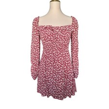 Reformation Morris Red Floral Mini Dress Size 6 Long Sleeve Square Neck