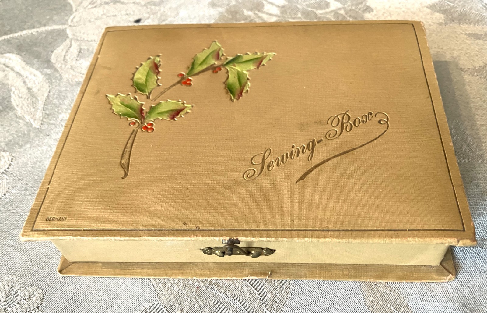 Antique Holly Decorated Cardboard Sewing Box Kit w Thread Needles
