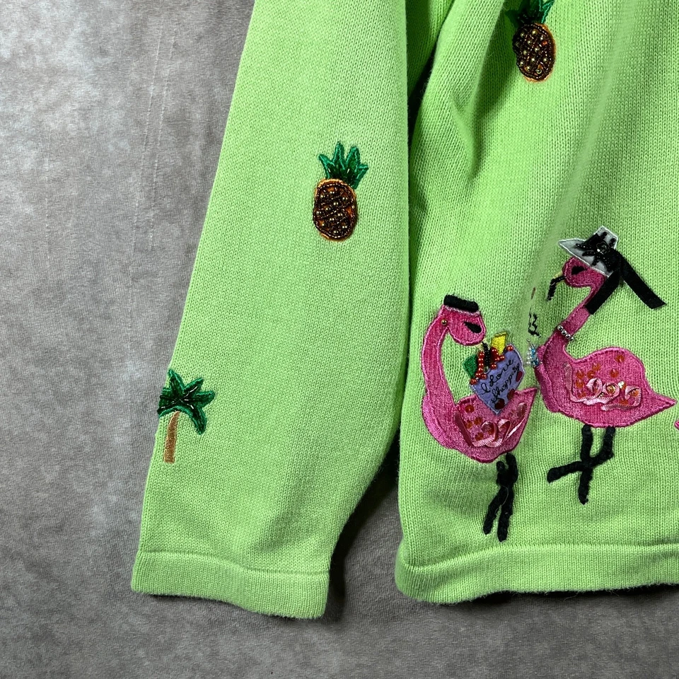 The Quacker Factory Cardigan Sweater Womens Medium Green Knit Flamingo Artsy - Image 4 of 4