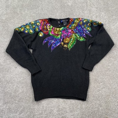 I B Diffusion Vintage Sequined Floral Silk Knit Sweater Women's Size XS Black