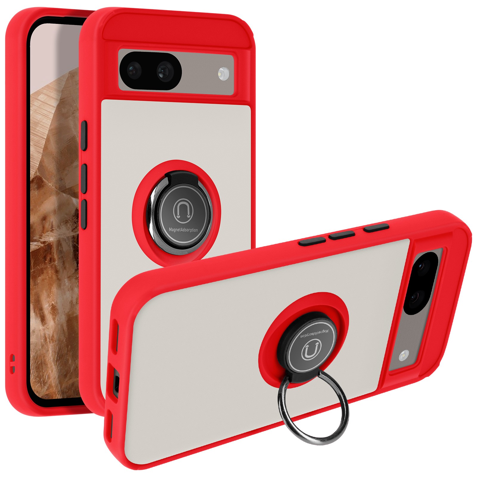 Coque Pixel 8A avec anneau support et dos antichoc rouge