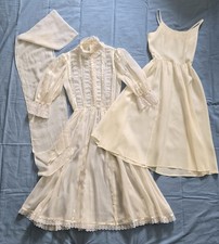 Vtg Women's 70s Ivory Gunne Sax Prairie Maxi Dress Lace Dress Belt Slip Sz 3
