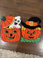 Vintage 1990 Halloween Pumpkins Jack-O-Lanters Ghost Wall Hanging Needlepoint