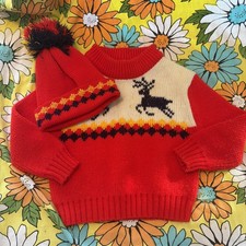 Vintage 80s 90s Kids Toddler Winter Multicolor Print Sweater and cap set 