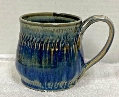 Artist Signed Handmade Studio Pottery Coffee Mug Blue Green Vertical Texture