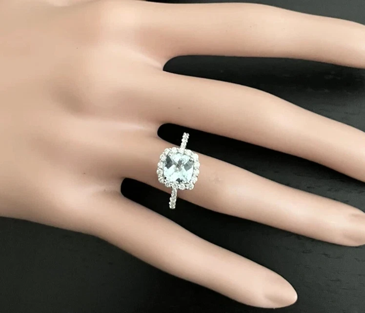14k Solid Gold Aquamarin & Diamanten Ring Kissen Cut 2.00 Karat Jubiläum - Bild 3 von 4