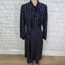 shein midi dress Sz L polka dot long sleeve navy necktie A37