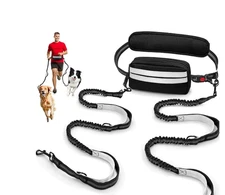 Black Hands Free Dog Leash for 2 Dogs Waist Belt with Bag Reflective