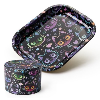 Cat Printing Rolling Tray Set with Grinder, Metal Rolling Tray Combo Kit Gift