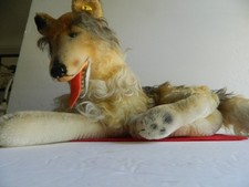 Vintage Steiff 1968-75 18.5" Collie Dog with button and flag 4250/43 All Mohair