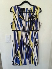 PERCEPTIONS NY Abstract Geo Blue Yellow Dress Knee/Mini Length Sz 10 Black Bow