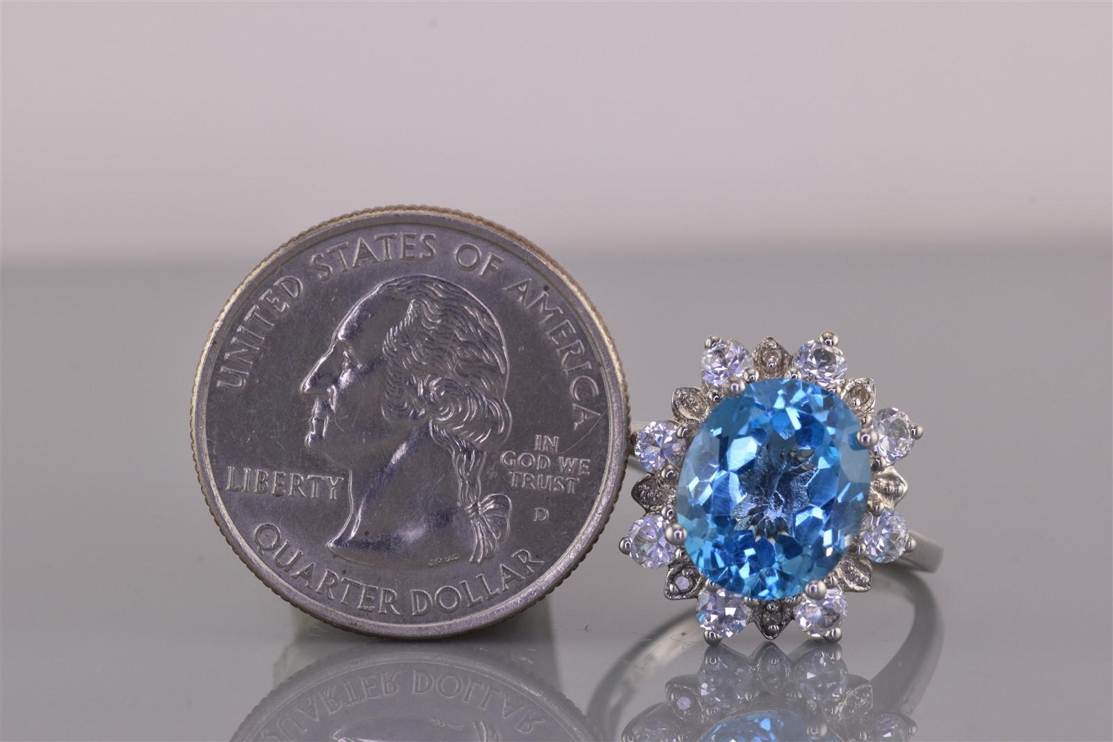 SJM Sterling Silver Blue & White Topaz Halo Burst Diamond Band Ring 925 Sz: 9