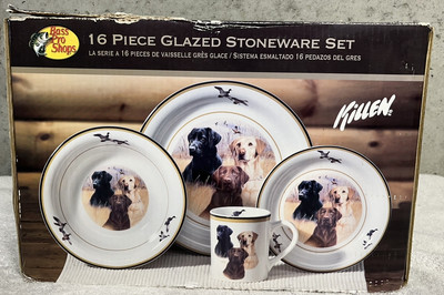 Bass Pro Shops Jim Killen 16 Pc Dinnerware Set Hunting Dogs Plates Bowls Mugs