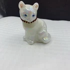 Vintage Fenton White Iridescent Opalescent Hand Painted Cat Figurine Signed