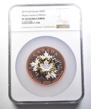 2019 Canada 50 Dollars Gilt Silver Maple Leaves In Motion PF70 UCAM NGC *4416