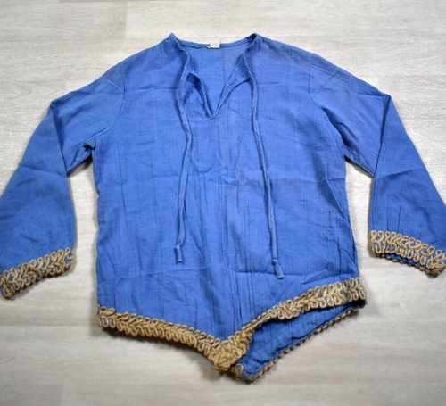 60s Cotton Peasant Blouse Tunic Top Hippy Cottagecore Prairie Blue VTG